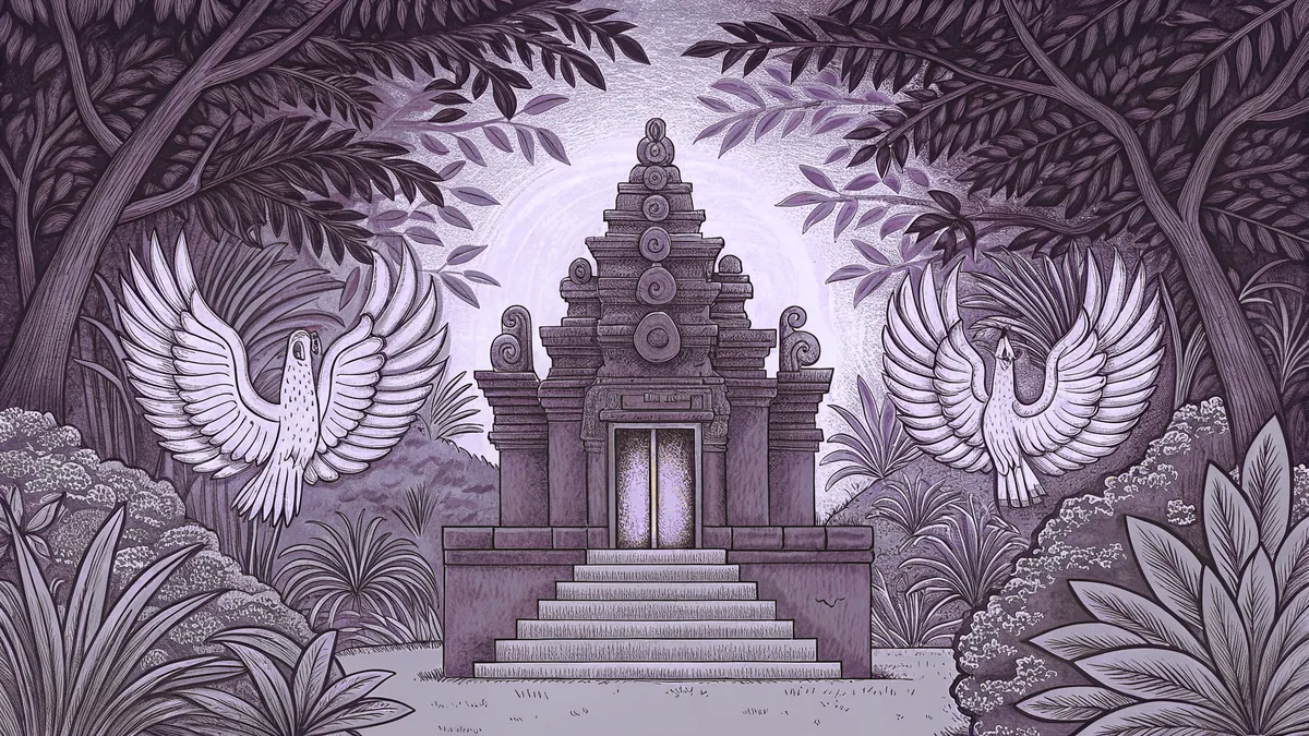 A sacred bird guards an ornate temple nestled in lush jungle.