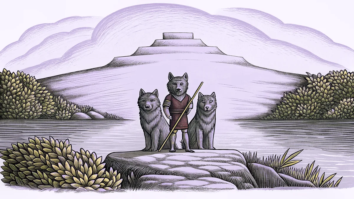 A three-headed cerberus dog stands beside a robed ferryman with a wooden staff on a dark river.