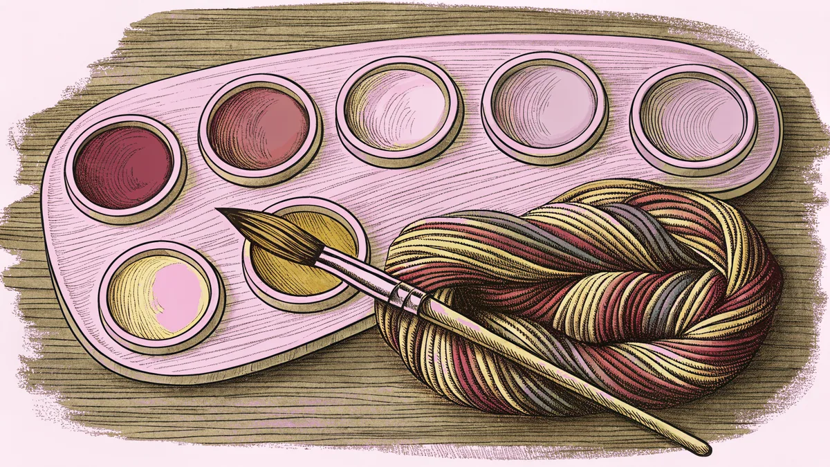 Five paint pots in vivid hues sit on an artist's palette beside rainbow-colored yarn bundles.