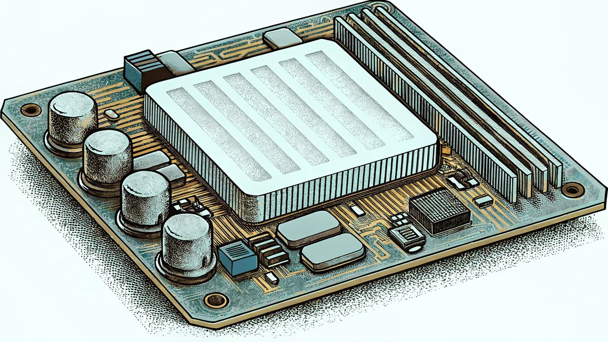 Computer internals showing a complex circuit board with processors and cooling.