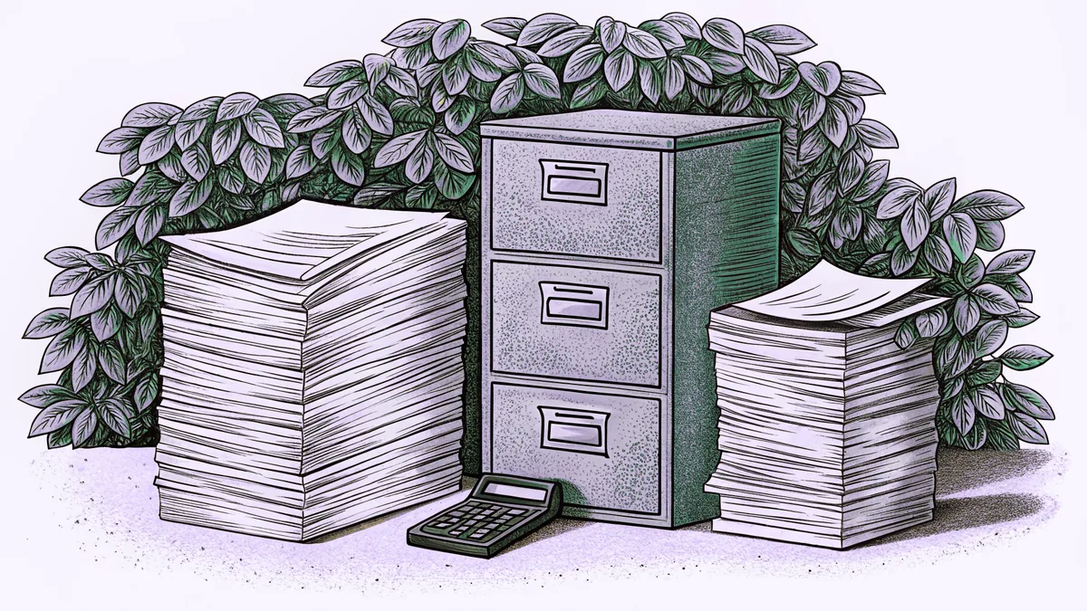 Insurance documents organized in files with a calculator on a desk