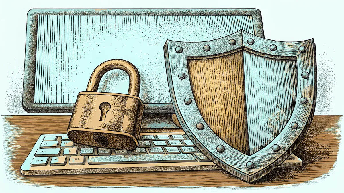 A padlock and shield leaning against a desktop computer on a desk.