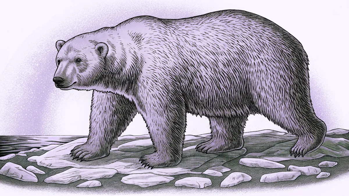 A white bear traverses frozen Arctic landscape under shimmering green lights.