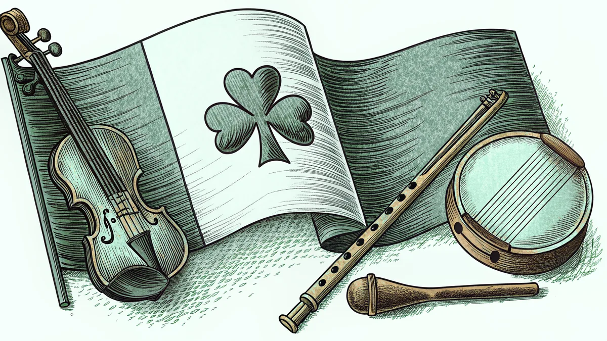 Traditional Irish musical instruments arranged together—fiddle, drum, harp, whistle.