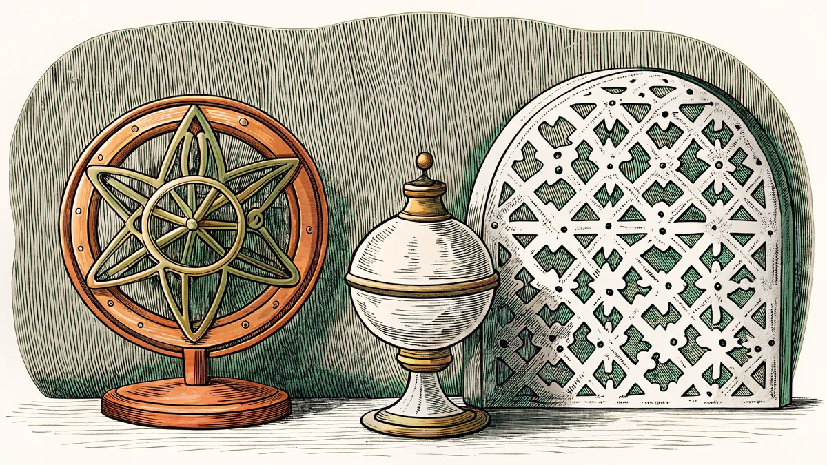 A brass astrolabe and a panel of carved wooden lattice beside a small clay oil lamp.