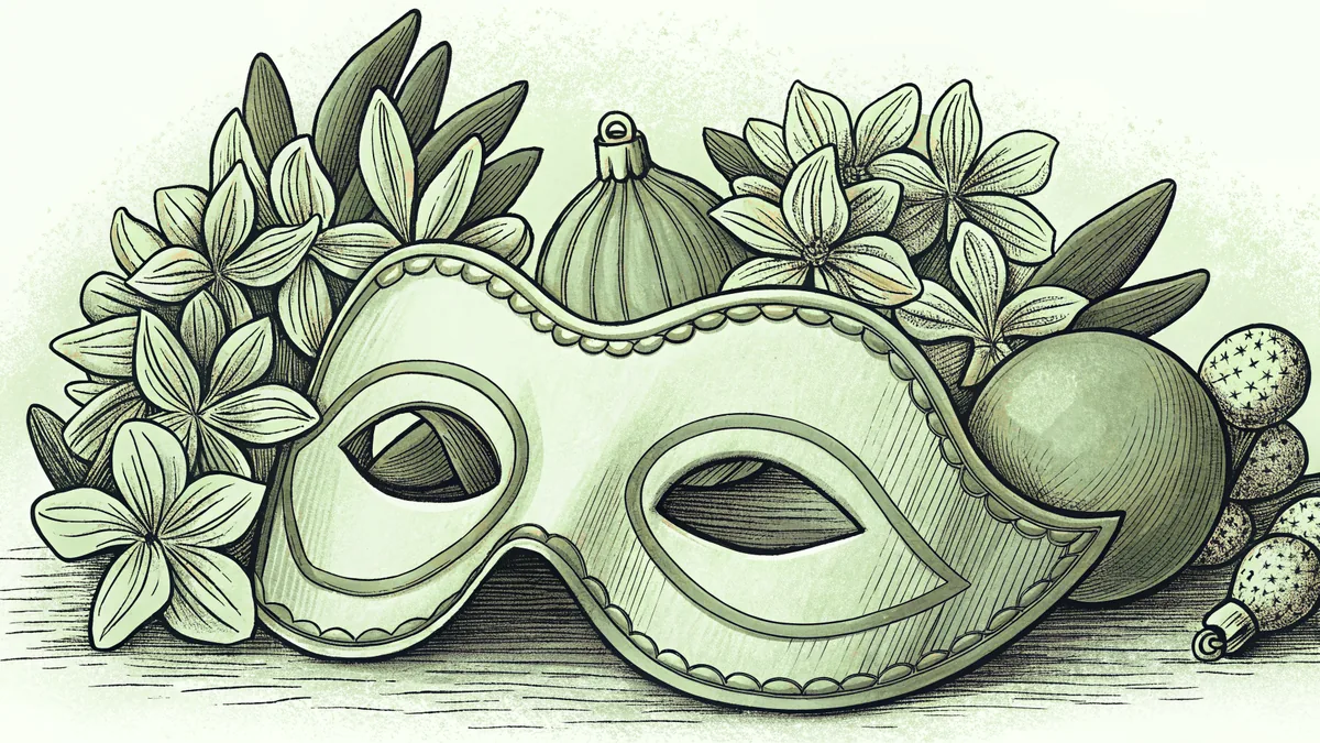 Carnival mask next to holiday ornaments and blooming spring flowers