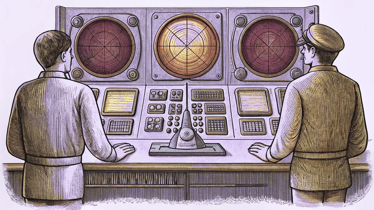 A military command center glows with radar screens beside a submarine model on a desk.