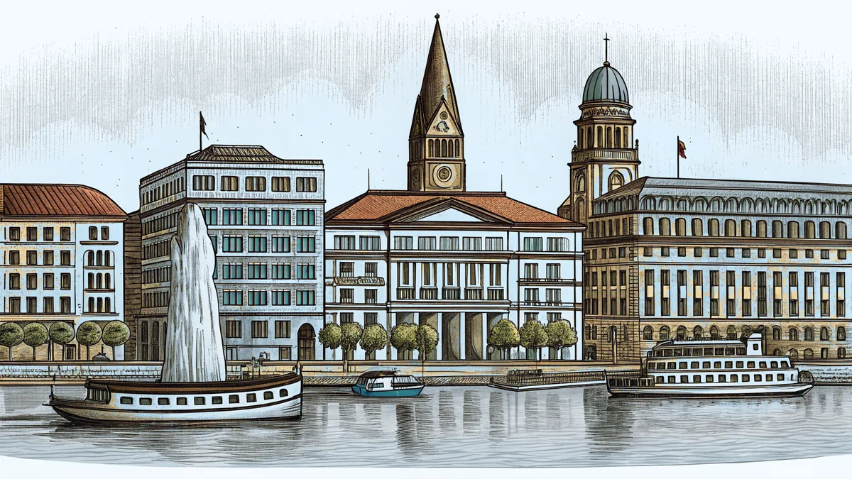 A vibrant waterfront cityscape features a broad river with boats and historic architecture