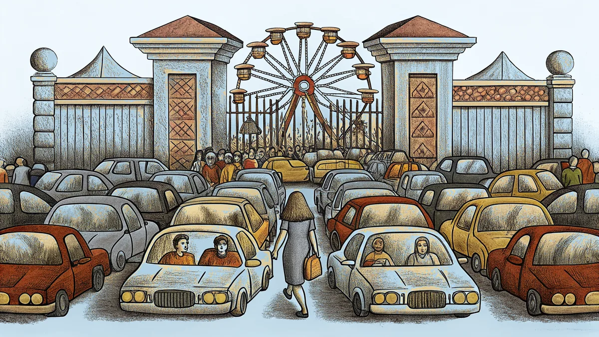 Heavy traffic jams Jakarta's streets beside modern shopping malls and theme parks