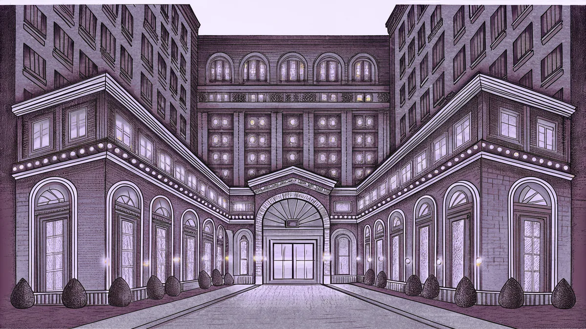 A grand hotel entrance glows beneath string lights along a busy avenue.