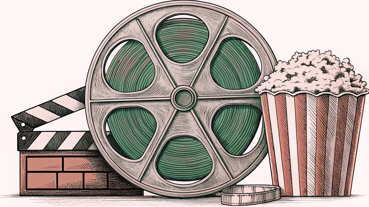 A brass film reel and blank clapper board rest beside a red-and-white striped popcorn container on a vintage counter.