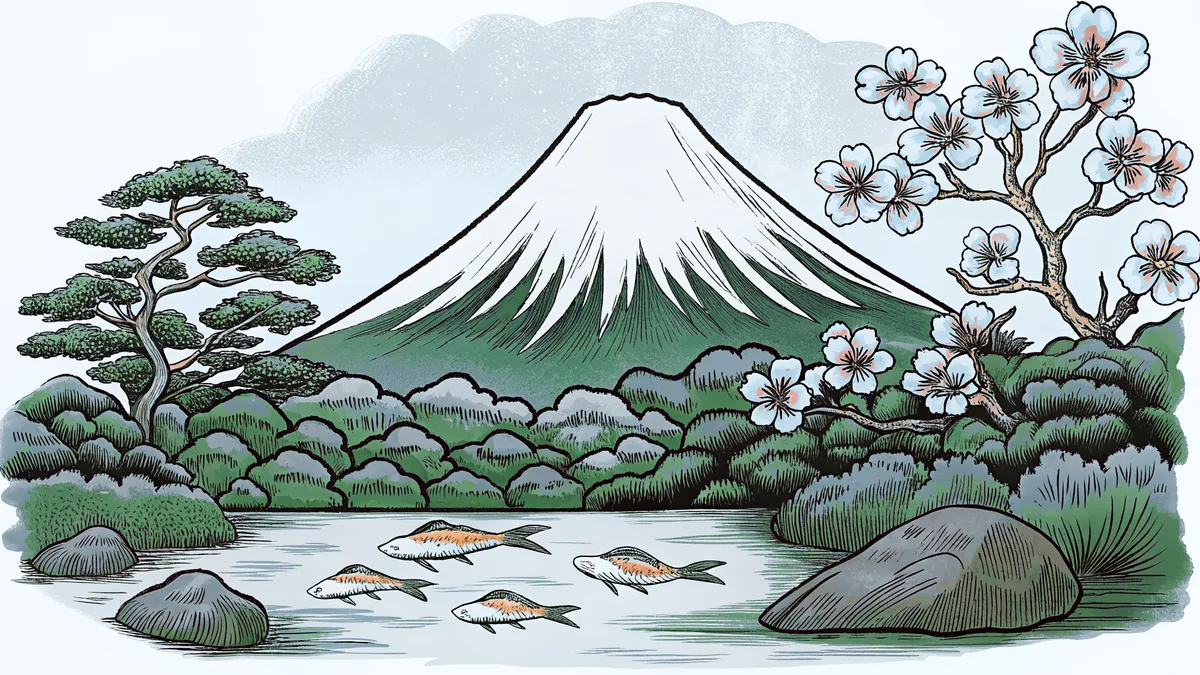 Mount Fuji looms behind blooming cherry trees with koi fish in a garden pond