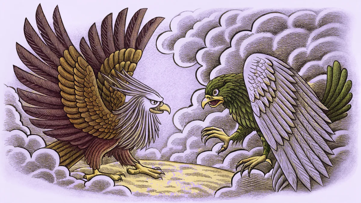 Two Japanese mythological creatures—a water sprite and bird demon—in an eerie mist.
