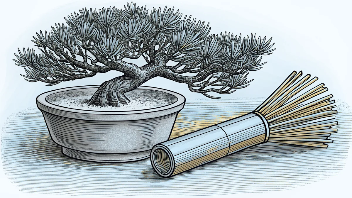 A bonsai pine growing in a shallow ceramic dish, beside a bamboo tea whisk.