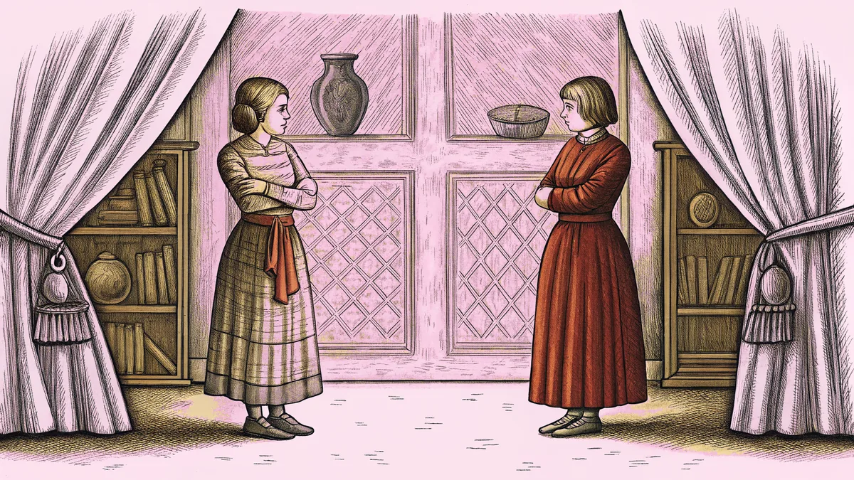 Two figures, one envious while watching another receive recognition or a prize.