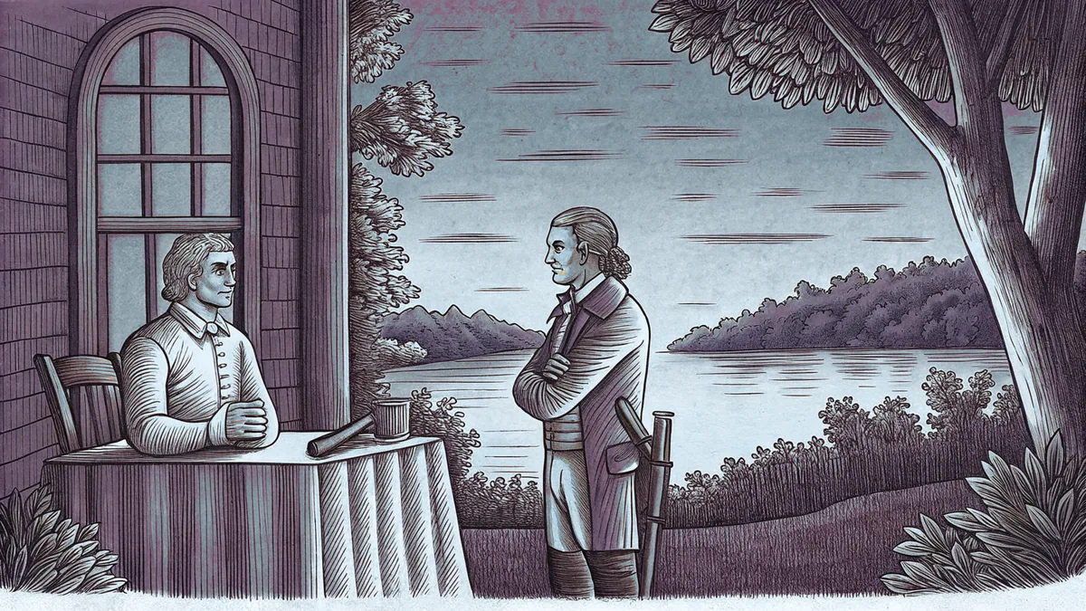 Historic figures stand beside the flowing Missouri River.