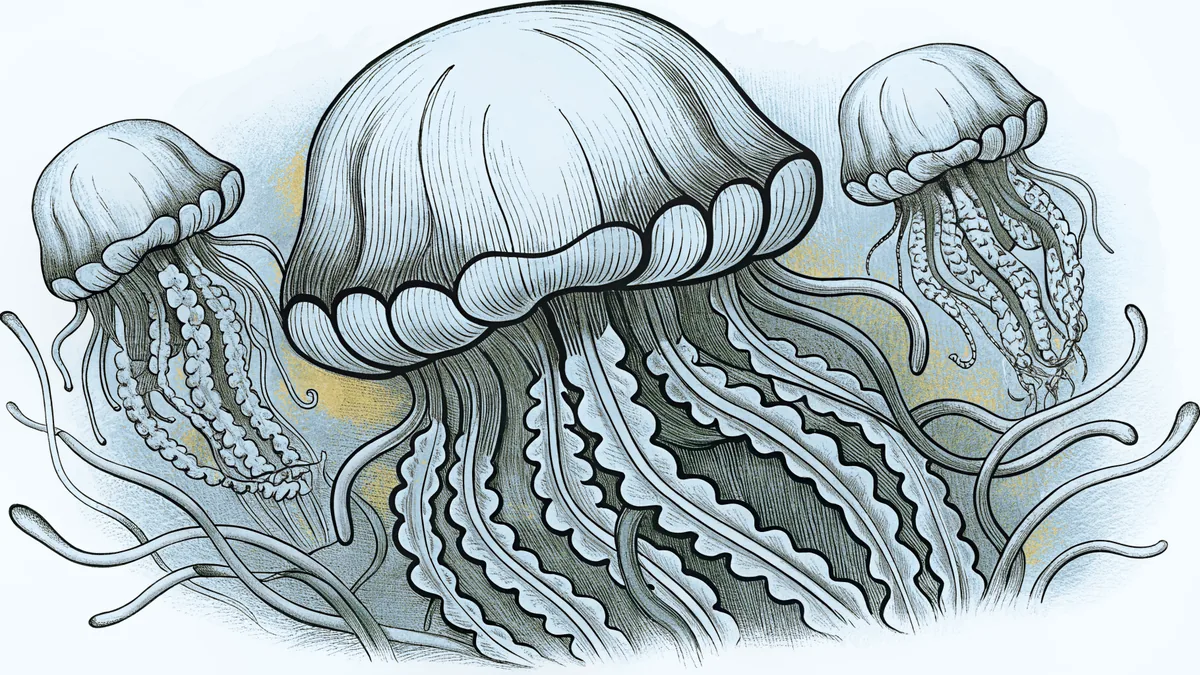 Gelatinous jellyfish with a delicate bell and long stinging tentacles drifting.