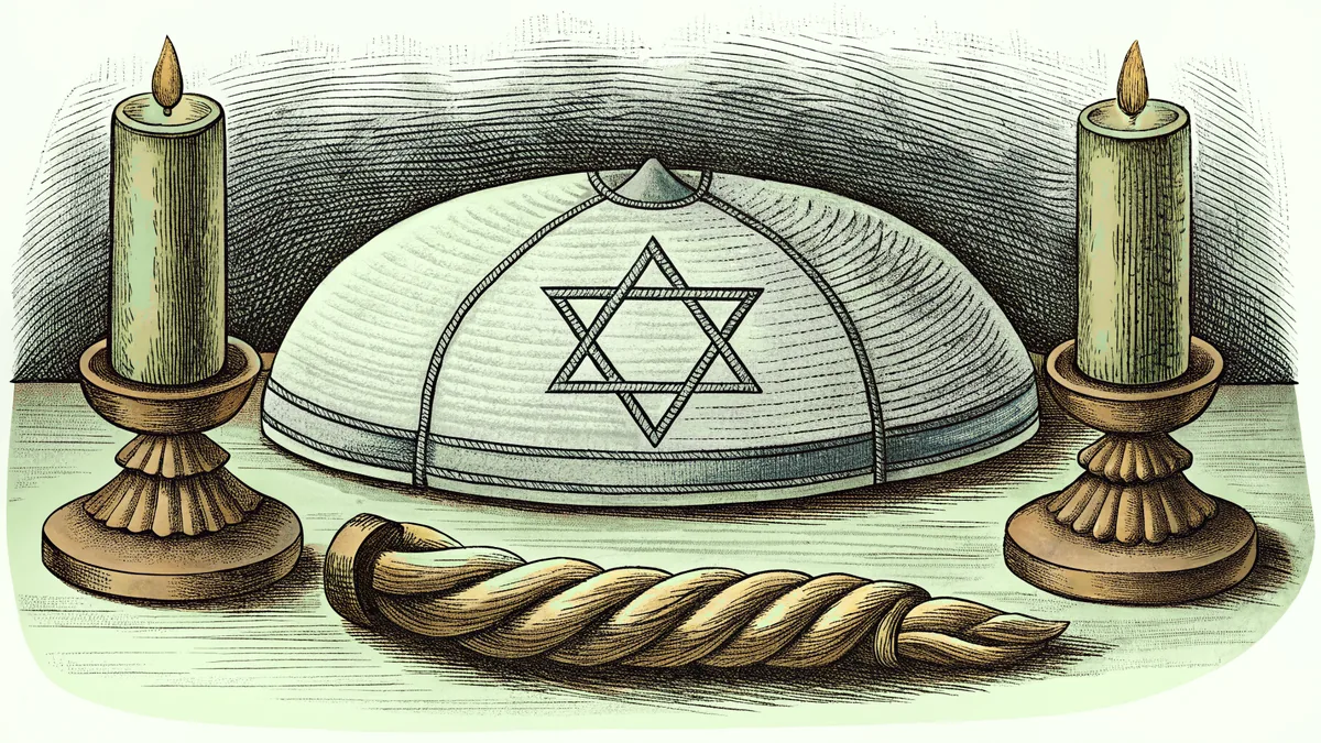 A kippah and shofar resting beside braided candles on a table set for Shabbat.