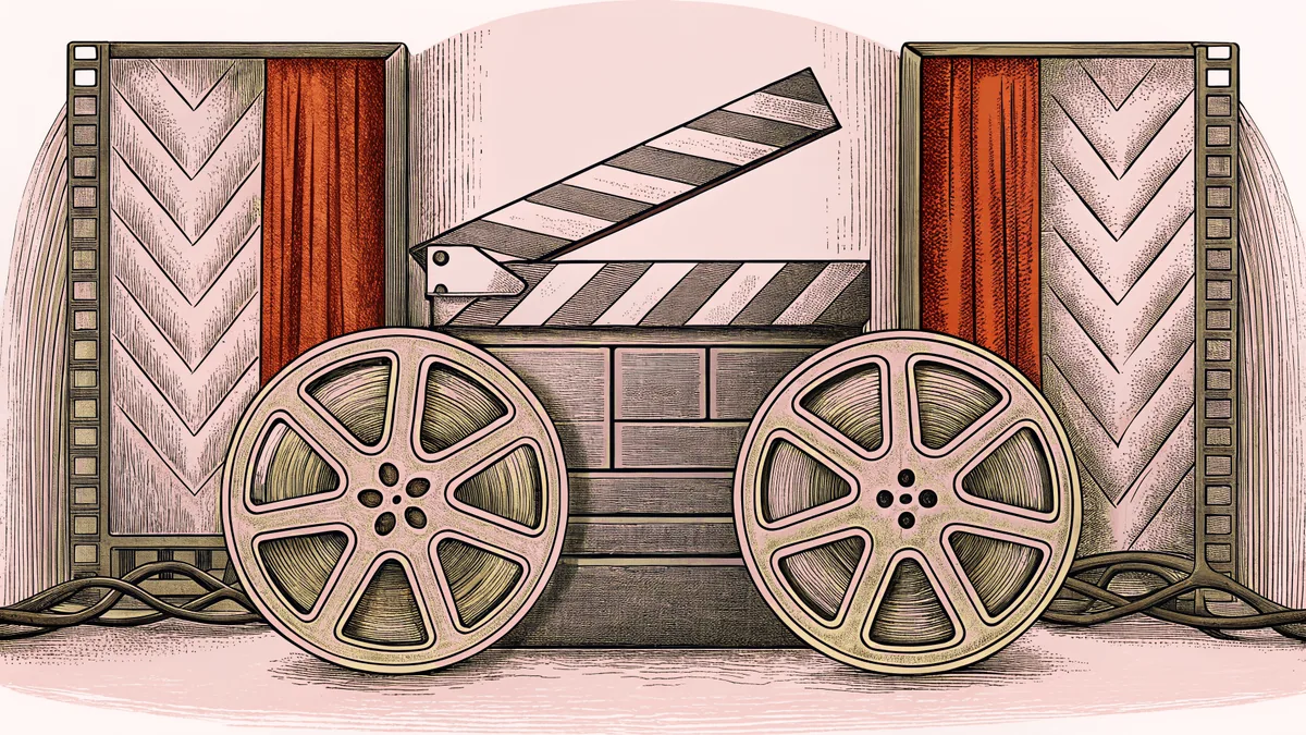 A blank clapper board and film canister rest on a dusty projection booth shelf beside vintage lighting equipment.