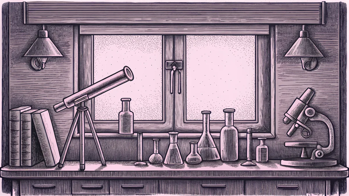 Laboratory glassware and scientific instruments sit on a workbench beneath warm lamplight.