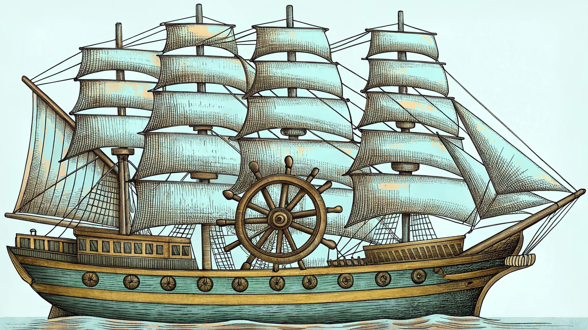 A wooden sailing ship with raised sails and sailors manning the deck.