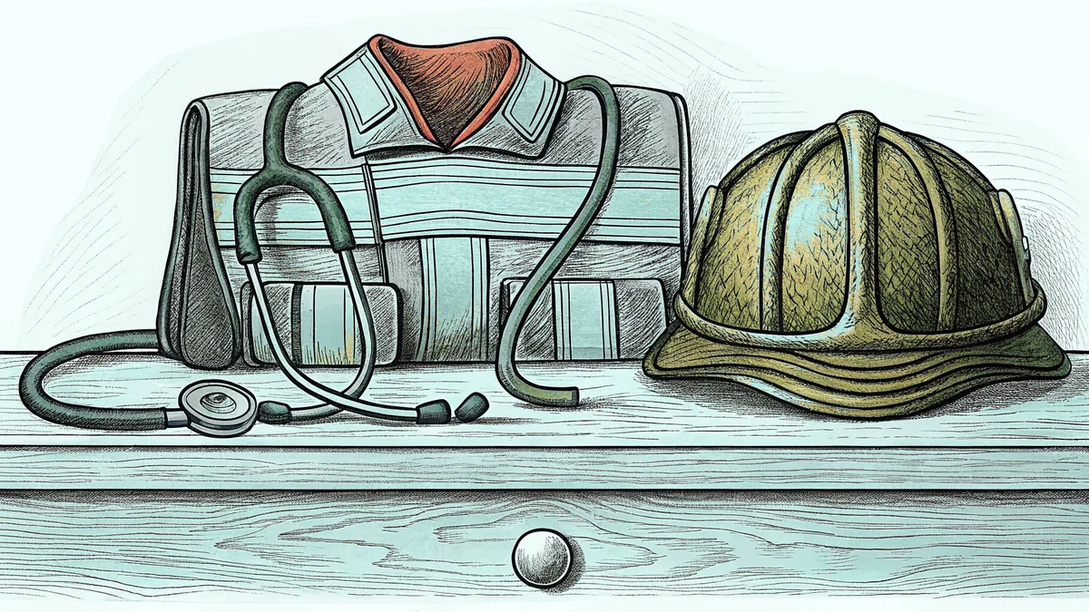 A stethoscope, a firefighter's helmet and a pilot's cap laid out on a workshop bench.