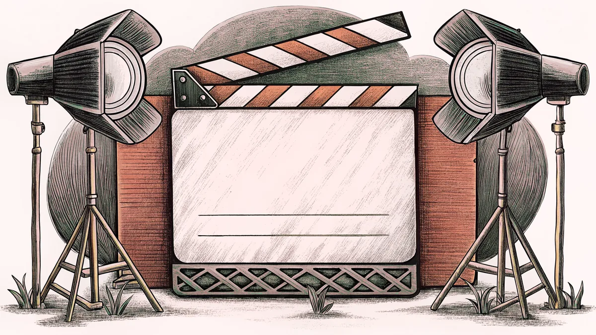 A blank clapper board and professional tripod lighting rig occupy a film set against a dark backdrop.
