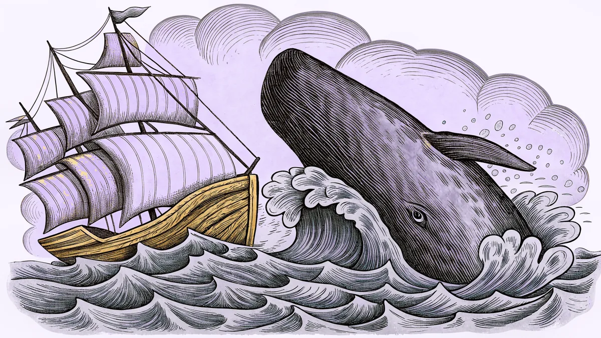A magnificent whale breaching stormy seas near an ancient sailing ship on waves.