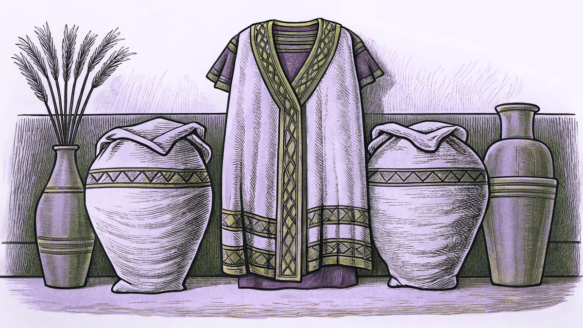 A multicolored robe displayed near sacks of grain in an ancient Egyptian palace setting.