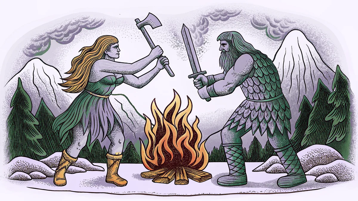 Mythical giants battle across icy peaks and fiery volcanic landscapes.