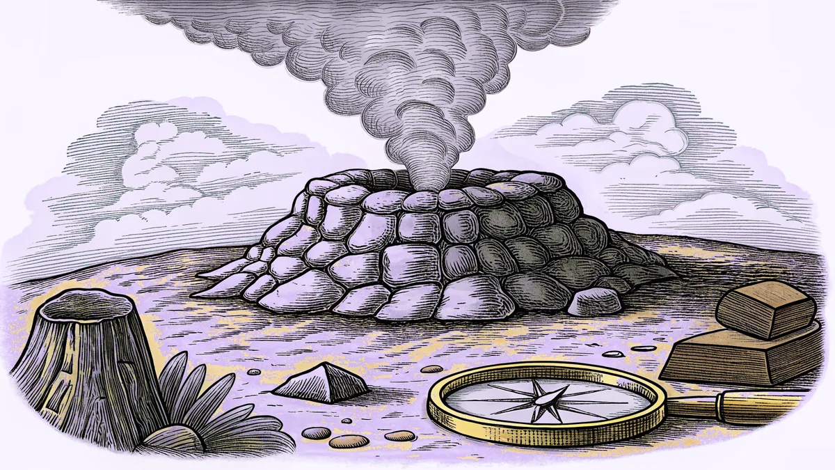 A volcanic geyser rises from ancient stone near a compass.