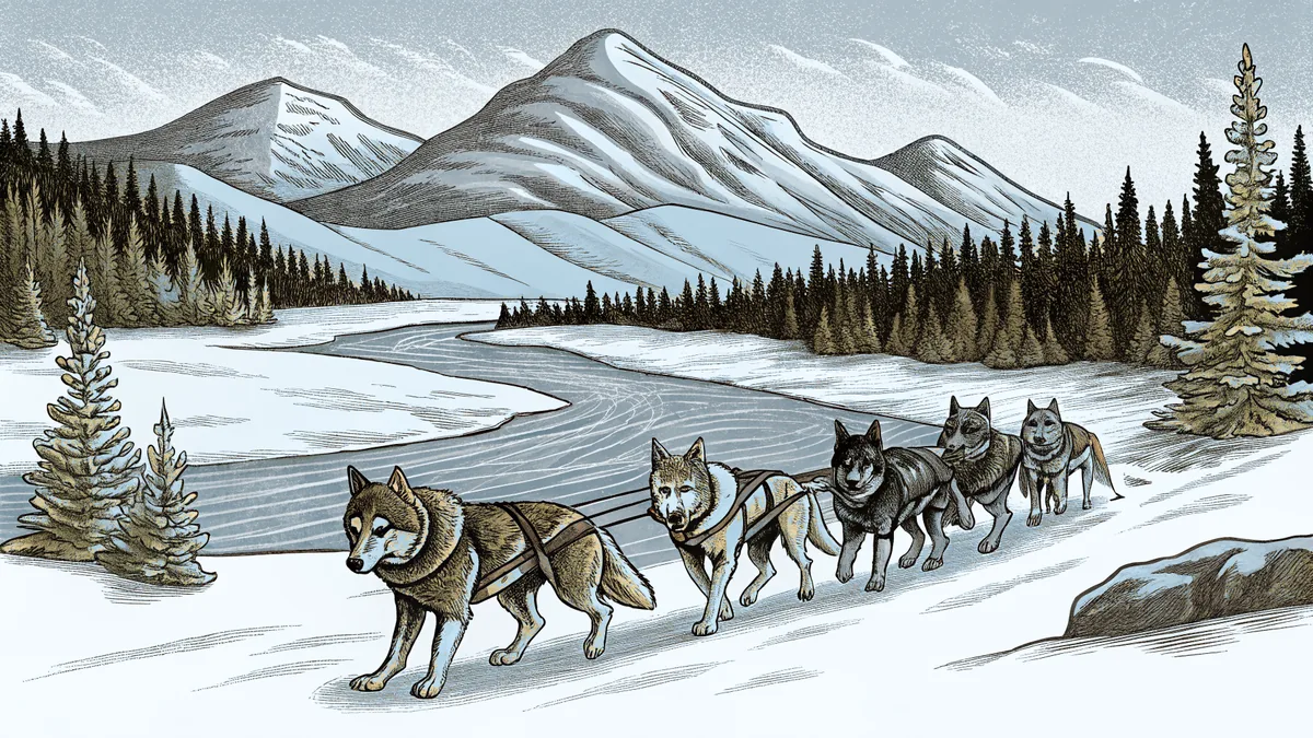 A dog sled team races across snow-covered ground with mountains looming.