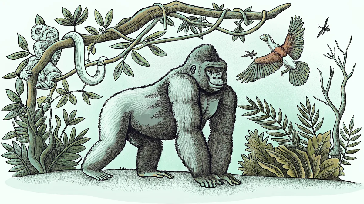 Jungle scene featuring a gorilla, gibbon, python, and flying macaw.