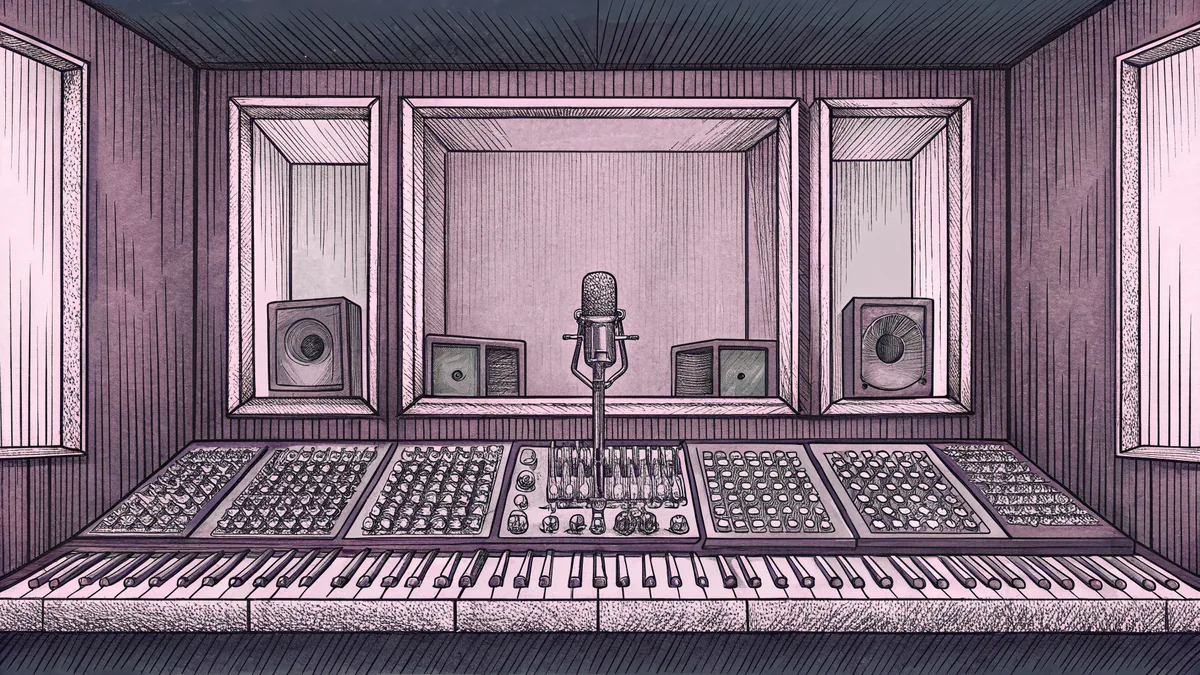 A modern recording studio with a microphone, mixing console, and acoustic treatment panels.