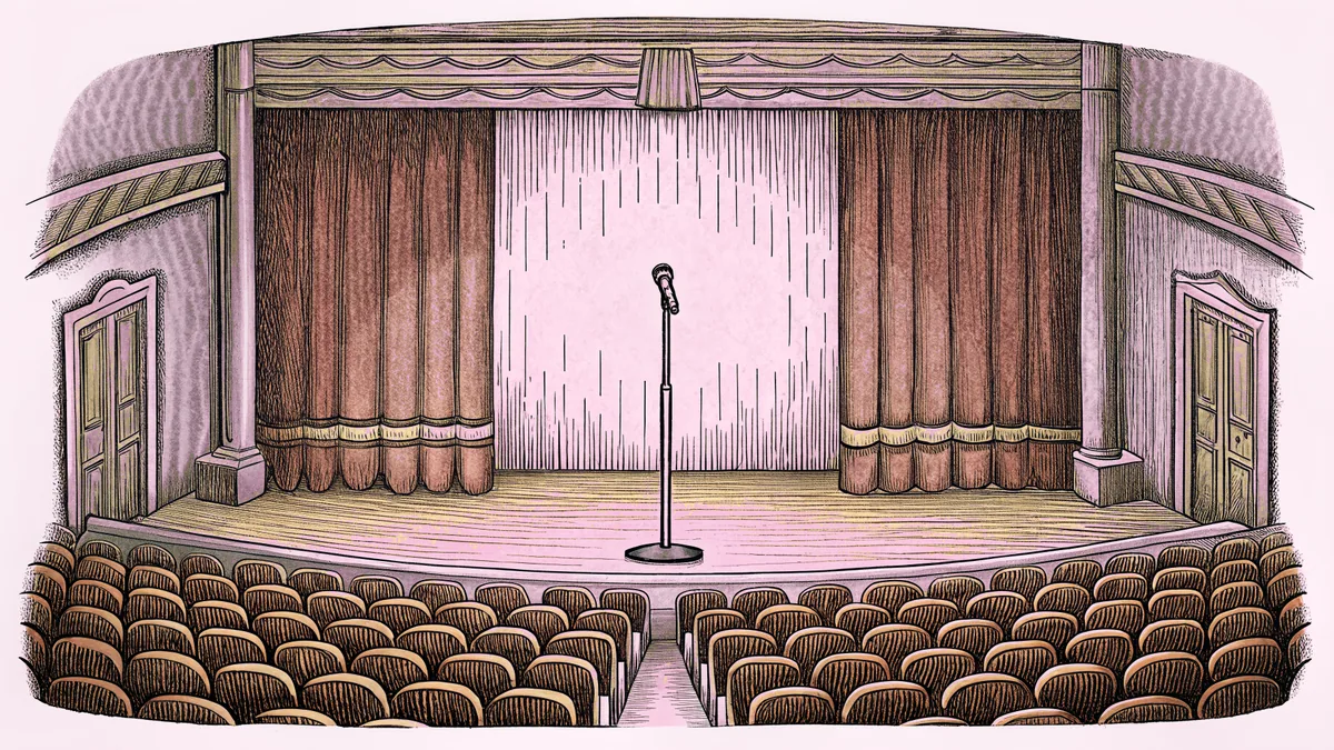 A glowing pink lightstick and a microphone stand wait on an empty concert stage.