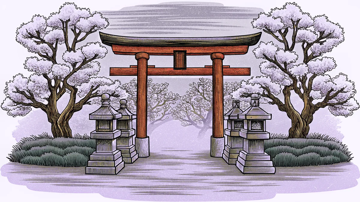 A traditional red Shinto gate with stone guardians in a misty forest setting.