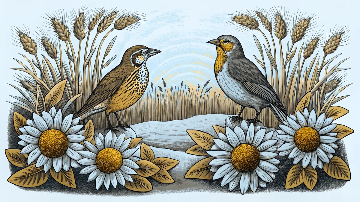 Sunflowers and wheat fields beneath flying meadowlarks.