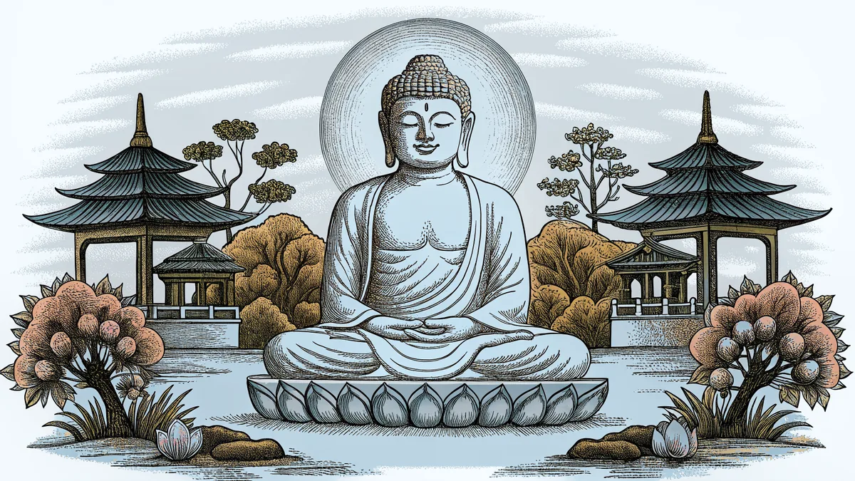 A monumental Buddha statue stands amid fragrant lotus flowers and ornate temples