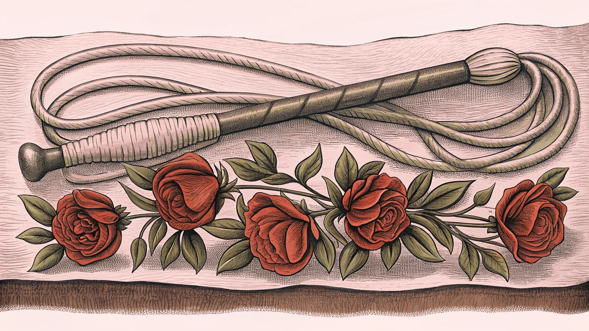 A leather riding crop beside a garland of roses.