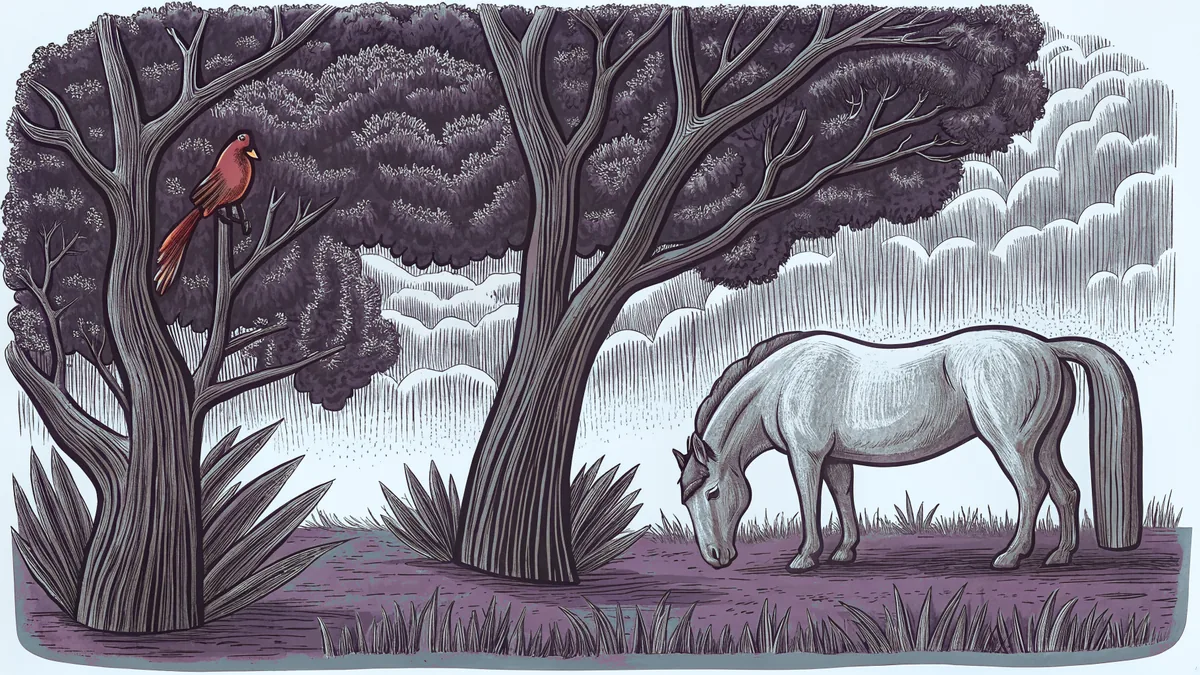 A horse grazes in bluegrass while a cardinal flies overhead.