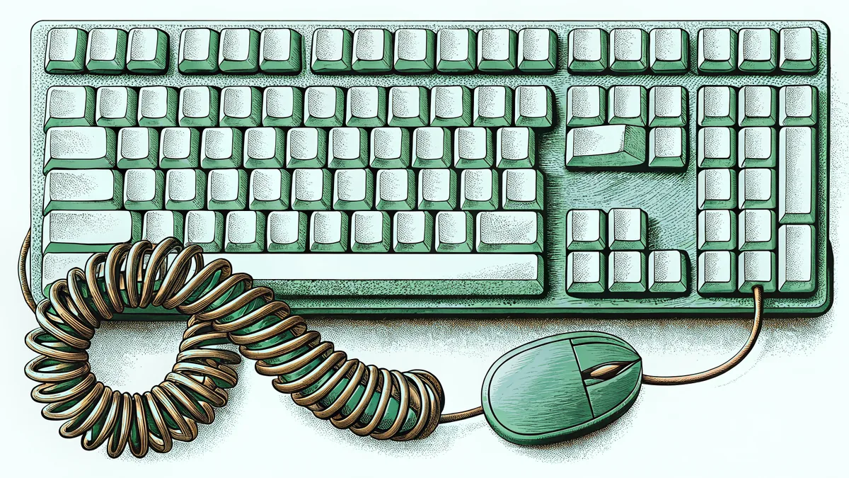 A mechanical keyboard with entirely blank keycaps, a mouse and coiled cable.