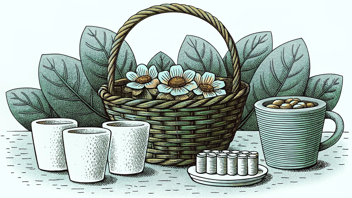 A woven basket of white flowers stands beside three nesting cups and a mug of round wooden beads.