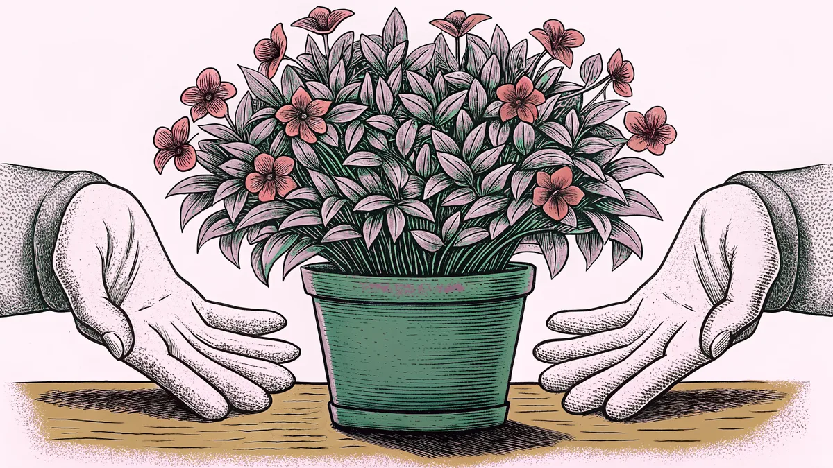 Cupped hands holding out a small potted flower over a wooden table.