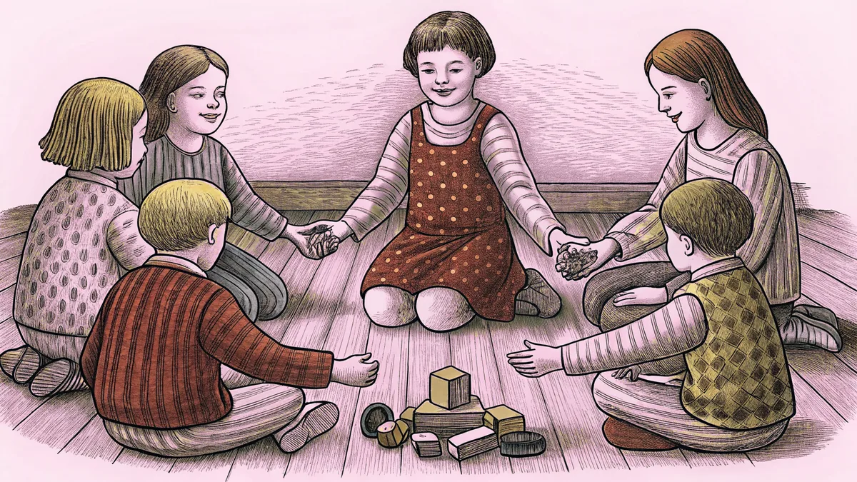 Children smile and hold hands together showing kindness and friendship.