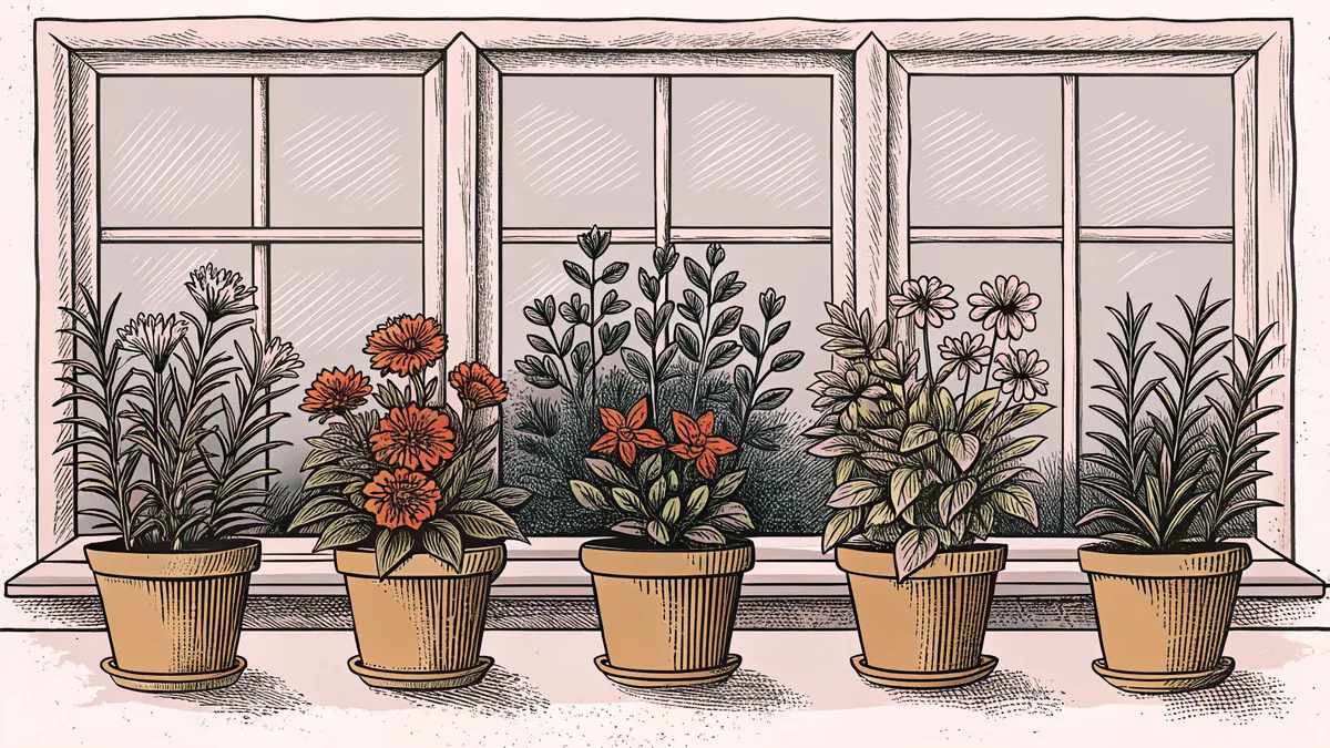Herbs and colorful flowers grow in terracotta pots on a sunny windowsill with green foliage.