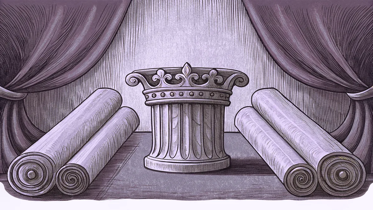 Ancient manuscripts and a crown resting on weathered stone