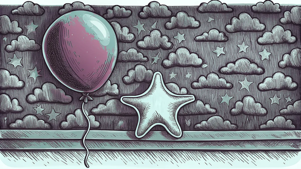 A puffy pink balloon toy and star cushion floating among pastel clouds.