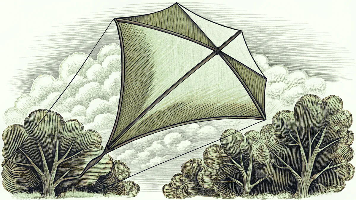 A diamond-shaped kite soars high against a windy spring sky.