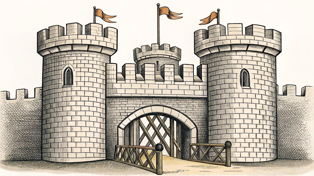 Armored knight carrying a lance stands guard before a castle with a drawbridge spanning a wide moat.
