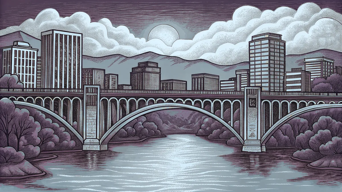 A scenic mountain landscape with a bridge spanning a river below forested slopes.